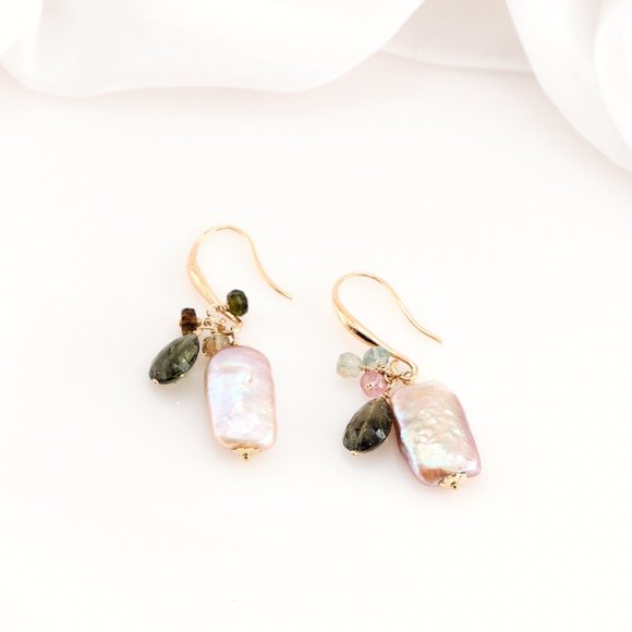 Baroque Pearl & Tourmaline Cluster Earrings, 14K Gold Filled Dainty Ear Wires - Picture 6 of 9